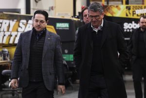 Apr 20, 2026; Pittsburgh, Pennsylvania, USA; Philadelphia Flyers General Manager Danny Briere (left) and President of Hockey Operations Keith Jones (right) after the Flyers defeated the Pittsburgh Penguins in game two of the first round of the 2026 Stanley Cup Playoffs at PPG Paints Arena.