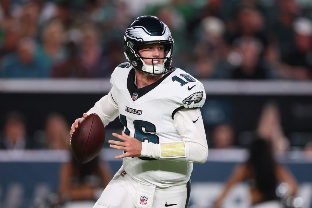 Aug 28, 2026; Philadelphia, Pennsylvania, USA; Philadelphia Eagles quarterback Tanner McKee (16) plays against the Cincinnati Bengals during the first quarter at Lincoln Financial Field.