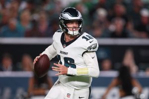Aug 28, 2026; Philadelphia, Pennsylvania, USA; Philadelphia Eagles quarterback Tanner McKee (16) plays against the Cincinnati Bengals during the first quarter at Lincoln Financial Field.