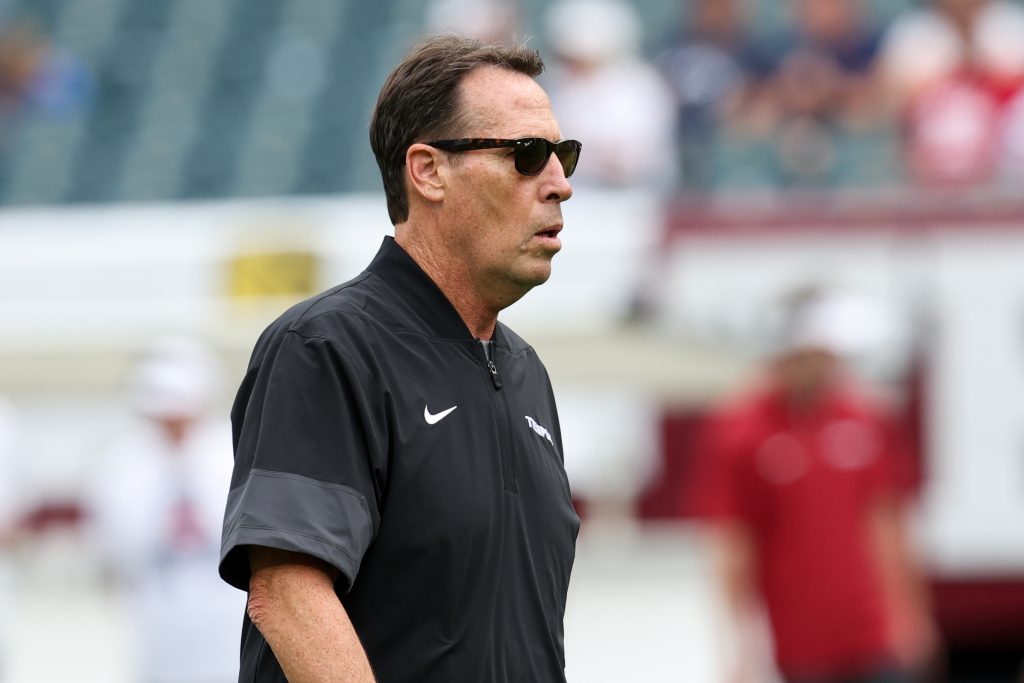 Sep 12, 2026; Philadelphia, Pennsylvania, USA; Temple Owls head coach K.C. Keeler walks on the field during a warm up prior to the game against the Penn State Nittany Lions at Lincoln Financial Field.