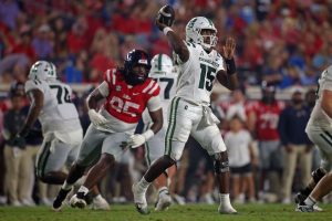 Sep 12, 2026; Oxford, Mississippi, USA; Charlotte 49ers quarterback Conner Harrell (15) passes the ball during the fourth quarter against the Mississippi Rebels at Vaught-Hemingway Stadium. Mandatory Credit: