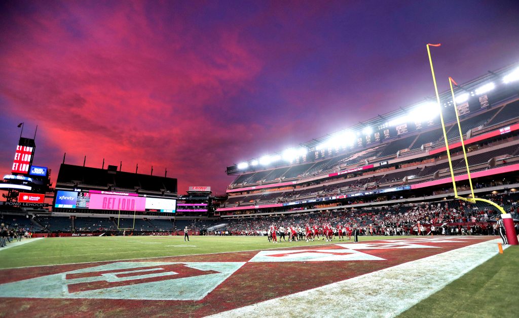 Sep 25, 2026; Philadelphia, Pennsylvania, USA; The sunset at Lincoln Financial Field during the second half of a game between Army and Temple.