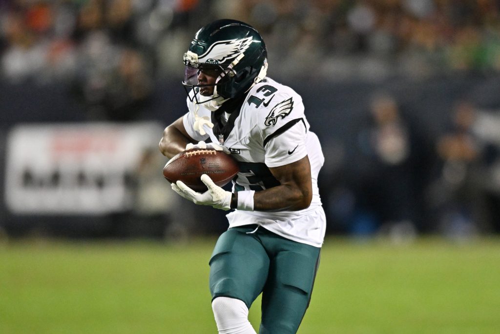 Sep 28, 2026; Chicago, Illinois, USA; Philadelphia Eagles wide receiver Dontayvion Wicks (13) makes a catch against the Chicago Bears during the first half at Soldier Field.