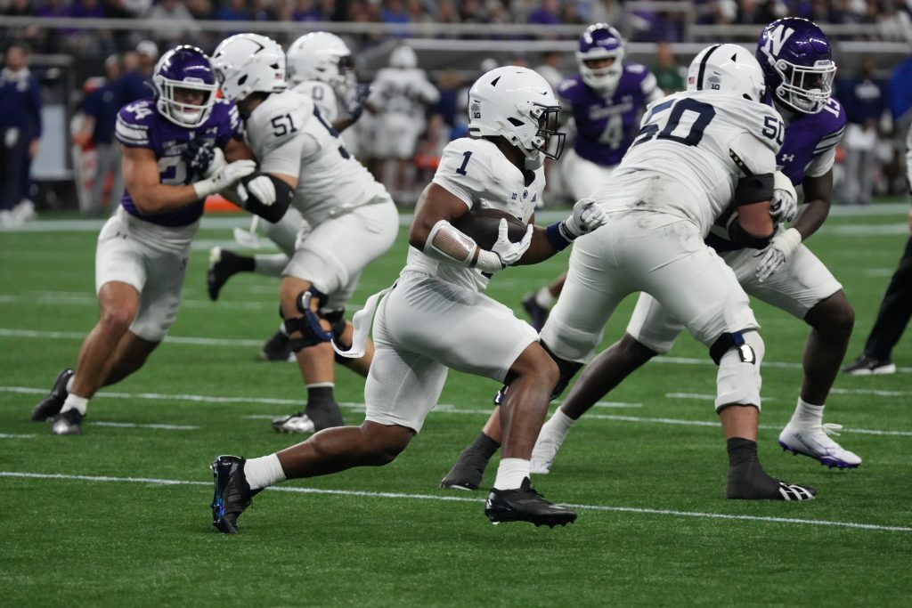 Oct 2, 2026; Evanston, Illinois, USA; Penn State Nittany Lions running back James Peoples (1) runs the ball against the Northwestern Wildcats during the first half at New Ryan Field.