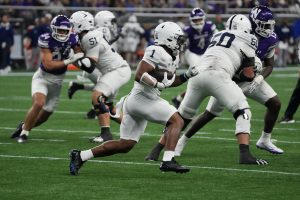 Oct 2, 2026; Evanston, Illinois, USA; Penn State Nittany Lions running back James Peoples (1) runs the ball against the Northwestern Wildcats during the first half at New Ryan Field.
