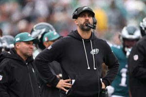 Oct 4, 2026; Philadelphia, Pennsylvania, USA; Philadelphia Eagles head coach Nick Sirianni looks up at the scoreboard against the Los Angeles Rams during the second half at Lincoln Financial Field.