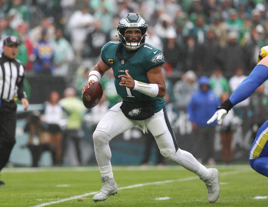 Oct 4, 2026; Philadelphia, Pennsylvania, USA; Philadelphia Eagles quarterback Jalen Hurts (1) in action against the Los Angeles Rams at Lincoln Financial Field. Mandatory Credit: