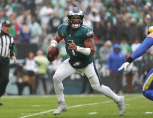 Oct 4, 2026; Philadelphia, Pennsylvania, USA; Philadelphia Eagles quarterback Jalen Hurts (1) in action against the Los Angeles Rams at Lincoln Financial Field. Mandatory Credit:
