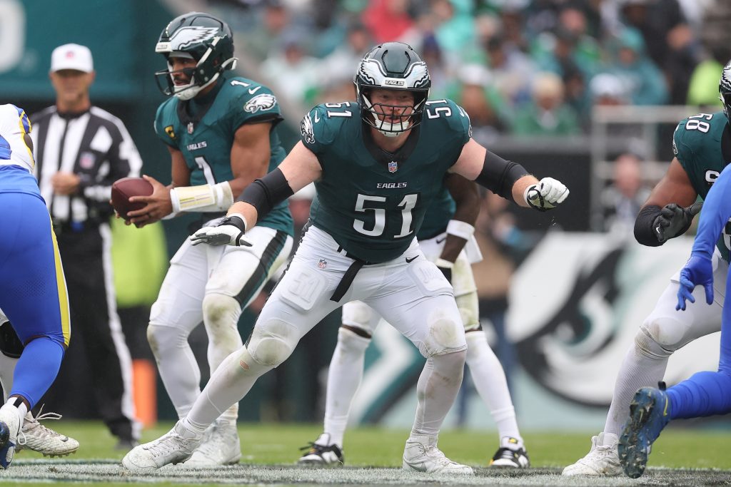 Oct 4, 2026; Philadelphia, Pennsylvania, USA; Philadelphia Eagles center Cam Jurgens (51) plays against the Los Angeles Rams at Lincoln Financial Field.