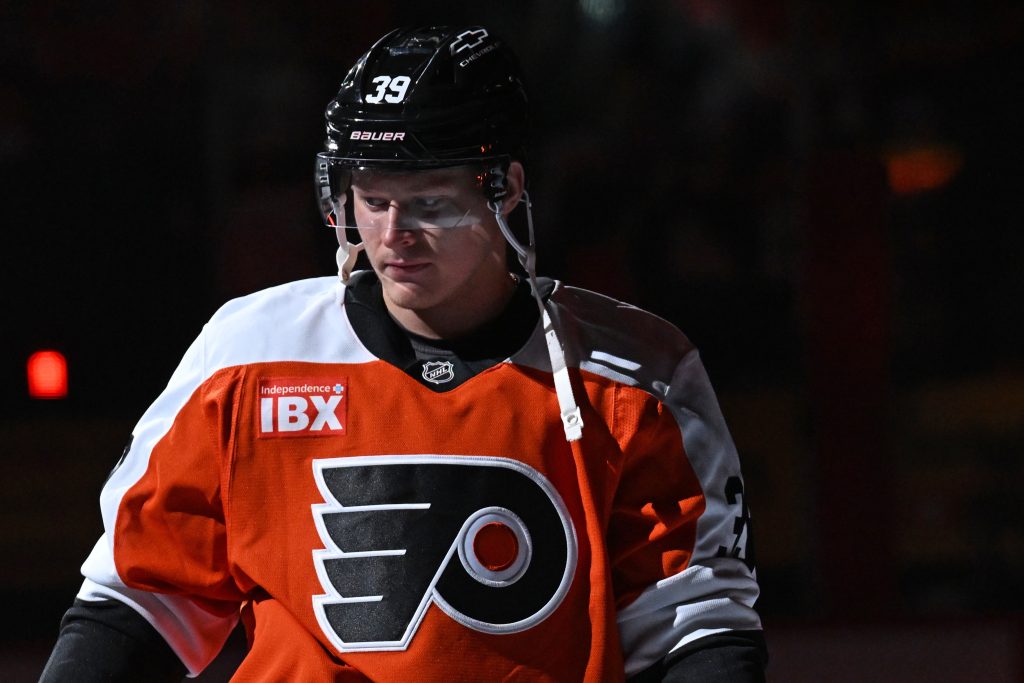 Sep 30, 2026; Philadelphia, Pennsylvania, USA; Philadelphia Flyers right wing Matvei Michkov (39) during player introductions against the Pittsburgh Penguins at Xfinity Mobile Arena.