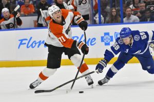 Oct 5, 2026; Tampa, Florida, USA; Philadelphia Flyers right wing Tyson Foerster (71) takes a shot during the second period against Tampa Bay Lightning center Jake Guentzel (59) at Benchmark International Arena.