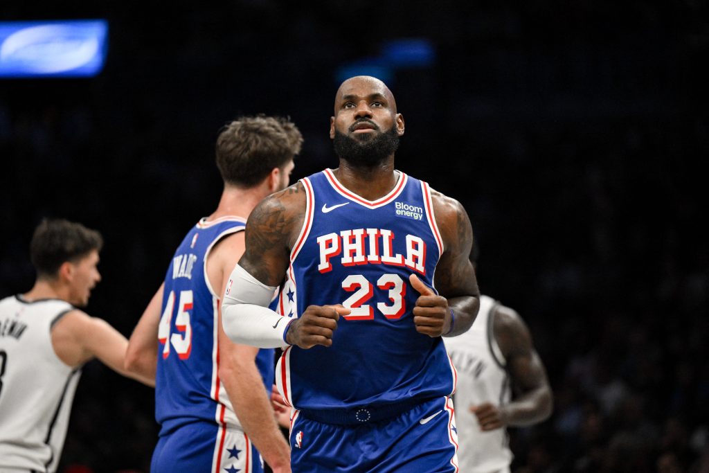 Oct 8, 2026; Brooklyn, New York, USA; Philadelphia 76ers forward Lebron James (23) during the first half against the Brooklyn Nets at Barclays Center.