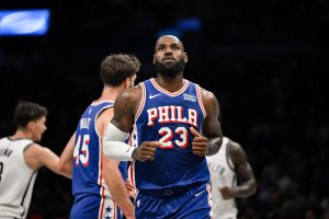 Oct 8, 2026; Brooklyn, New York, USA; Philadelphia 76ers forward Lebron James (23) during the first half against the Brooklyn Nets at Barclays Center.