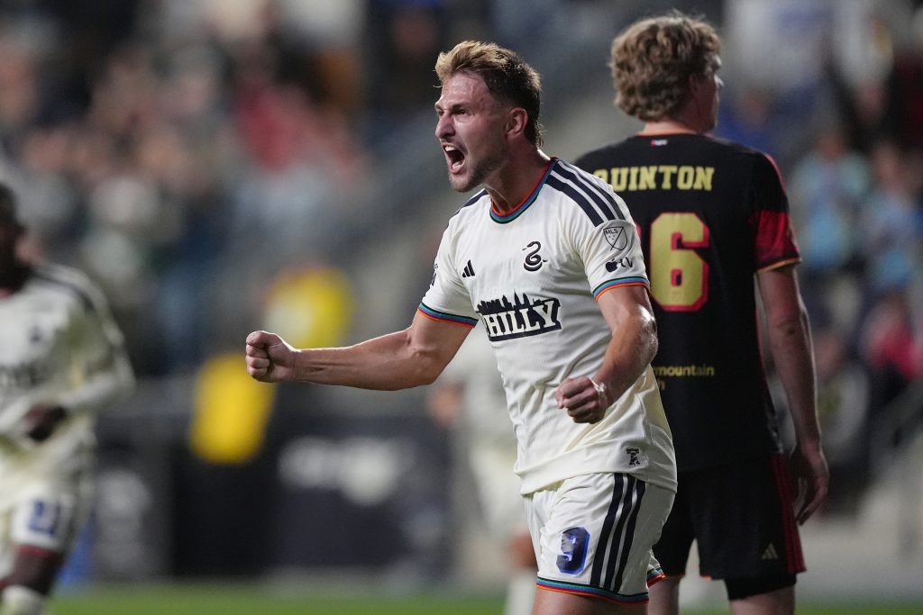 Oct 10, 2026; Chester, Pennsylvania, USA; Philadelphia Union forward Bruno Damiani (9) reacts after scoring a goal against Real Salt Lake in the first half at Subaru Park.