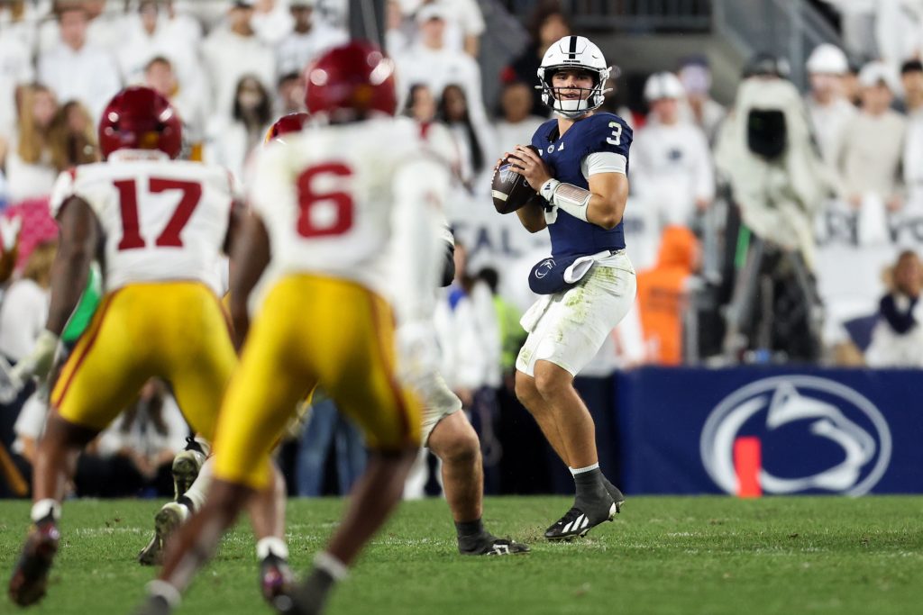 Oct 10, 2026; University Park, Pennsylvania, USA; Penn State Nittany Lions quarterback Rocco Becht (3) looks to throw a pass during the fourth quarter against the Southern California Trojans at West Shore Home Field at Beaver Stadium. Mandatory Credit: