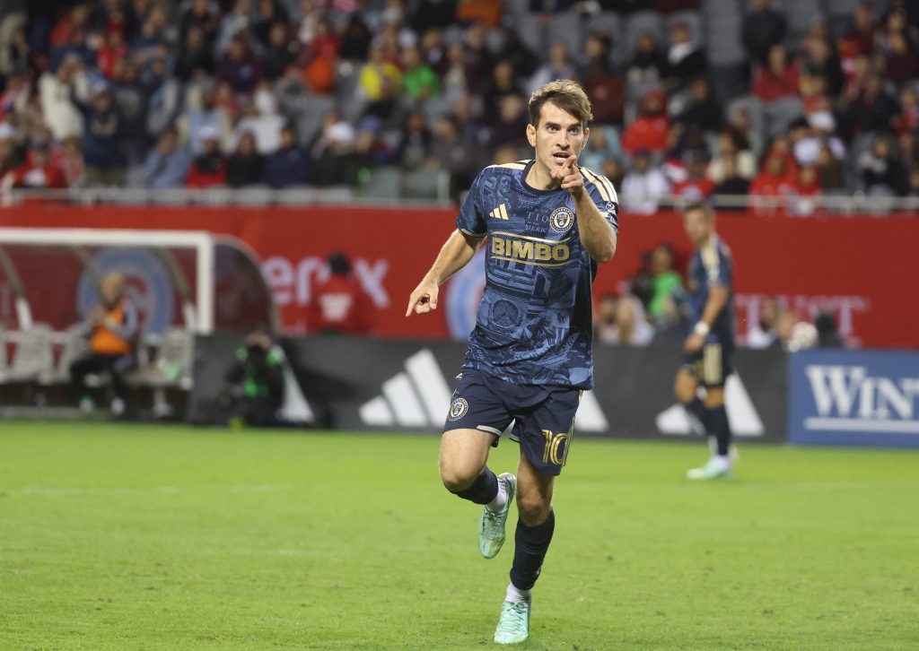 Oct 14, 2026; Chicago, Illinois, USA; Philadelphia Union forward Milan Iloski (10) celebrates a goal during the second half against the Chicago Fire at Soldier Field.