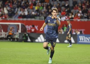 Oct 14, 2026; Chicago, Illinois, USA; Philadelphia Union forward Milan Iloski (10) celebrates a goal during the second half against the Chicago Fire at Soldier Field.