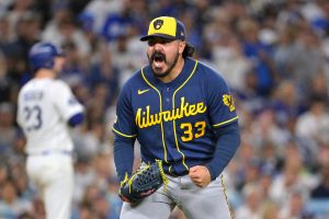 Oct 15, 2026; Los Angeles, California, USA; Milwaukee Brewers pitcher JoJo Romero (33) reacts during the sixth inning against the Los Angeles Dodgers in game four of the NLCS for the 2026 MLB Playoffs at Uniqlo Field at Dodger Stadium. Mandatory Credit: