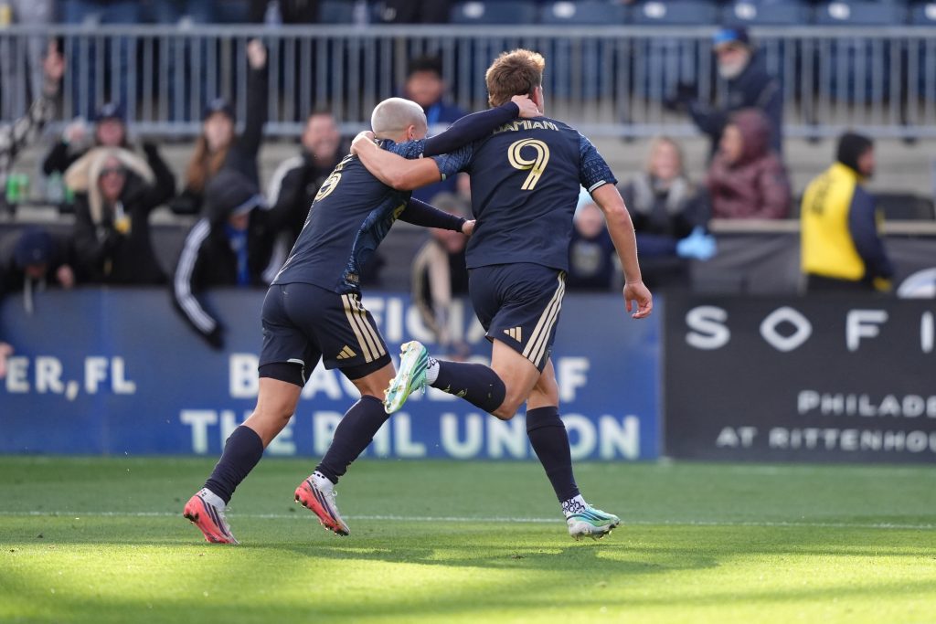Oct 17, 2026; Chester, Pennsylvania, USA; Philadelphia Union forward Bruno Damiani (9) celebrates with midfielder Cavan Sullivan (6) after scoring a goal against Charlotte FC in the second half at Subaru Park.