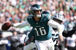 Oct 18, 2026; Philadelphia, Pennsylvania, USA; Philadelphia Eagles quarterback Tanner McKee (16) passes the ball against the Carolina Panthers during the first quarter at Lincoln Financial Field.