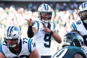 Oct 18, 2026; Philadelphia, Pennsylvania, USA; Carolina Panthers quarterback Bryce Young (9) reacts after drawing a Philadelphia Eagles offsides during the fourth quarter at Lincoln Financial Field.