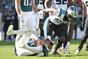 Oct 18, 2026; Philadelphia, Pennsylvania, USA; Carolina Panthers linebacker Devin Lloyd (55) celebrates his sack against Philadelphia Eagles quarterback Tanner McKee (16) during the second half at Lincoln Financial Field.