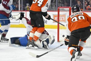 Oct 19, 2026; Philadelphia, Pennsylvania, USA; Philadelphia Flyers right wing Matvei Michkov (39) scores a goal pst Colorado Avalanche goaltender Mackenzie Blackwood (39) during the first period at Xfinity Mobile Arena. Mandatory Credit: