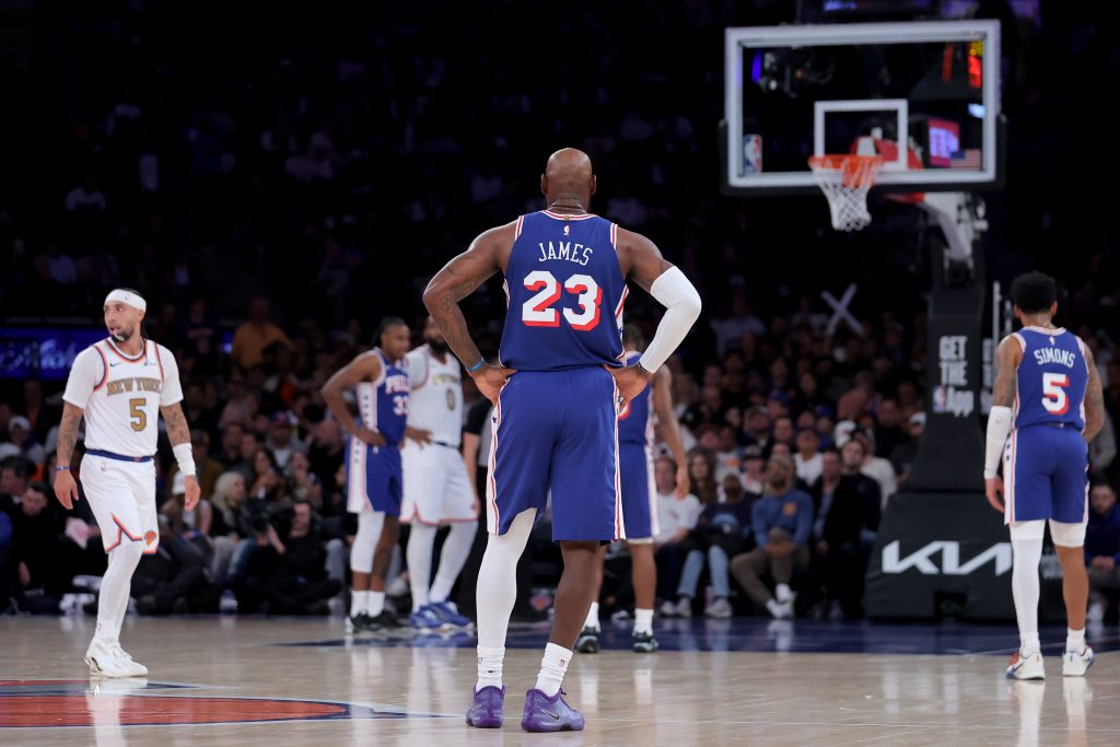 Oct 20, 2026; New York, New York, USA; Philadelphia 76ers forward LeBron James (23) reacts during the second quarter against the New York Knicks at Madison Square Garden.