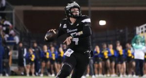 Delaware quarterback Nick Minicucci throws in the second quarter of the Blue Hens 61-38 win against Missouri State at Delaware Stadium, Oct. 20, 2026.