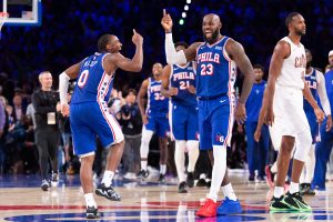 Oct 22, 2026; Philadelphia, Pennsylvania, USA; Philadelphia 76ers forward LeBron James (23) and Tyrese Maxey celebrate after a score against the Cleveland Cavaliers during the fourth quarter at Xfinity Mobile Arena. Mandatory Credit:
