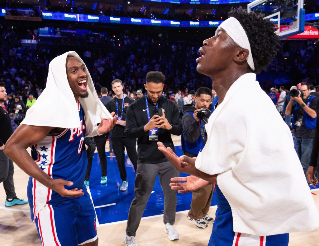 Oct 22, 2026; Philadelphia, Pennsylvania, USA; Philadelphia 76ers guard Tyrese Maxey (0) and guard Vj Edgecombe (77) celebrate after a victory against the Cleveland Cavaliers at Xfinity Mobile Arena.