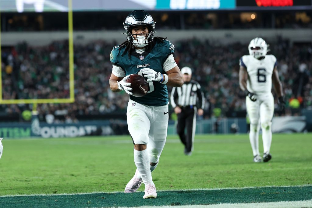 Oct 26, 2026; Philadelphia, Pennsylvania, USA; Philadelphia Eagles wide receiver Makai Lemon (9) celebrates after scoring a touchdown during the third quarter against the Dallas Cowboys at Lincoln Financial Field.