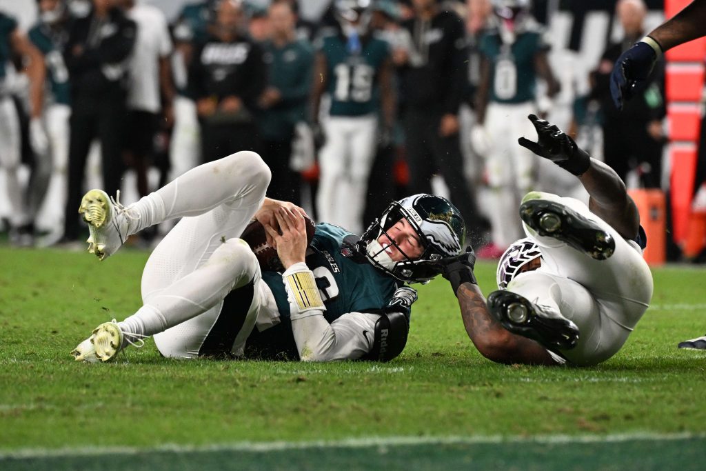 Oct 26, 2026; Philadelphia, Pennsylvania, USA; Philadelphia Eagles quarterback Tanner McKee (16) is sacked by Dallas Cowboys linebacker Donovan Ezeiruaku (6) during the third quarter at Lincoln Financial Field. Mandatory Credit: