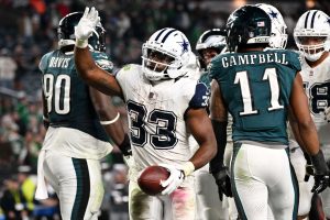 Oct 26, 2026; Philadelphia, Pennsylvania, USA; Dallas Cowboys running back Javonte Williams (33) celebrates after scoring a touchdown during the fourth quarter against the Philadelphia Eagles at Lincoln Financial Field. Mandatory Credit: