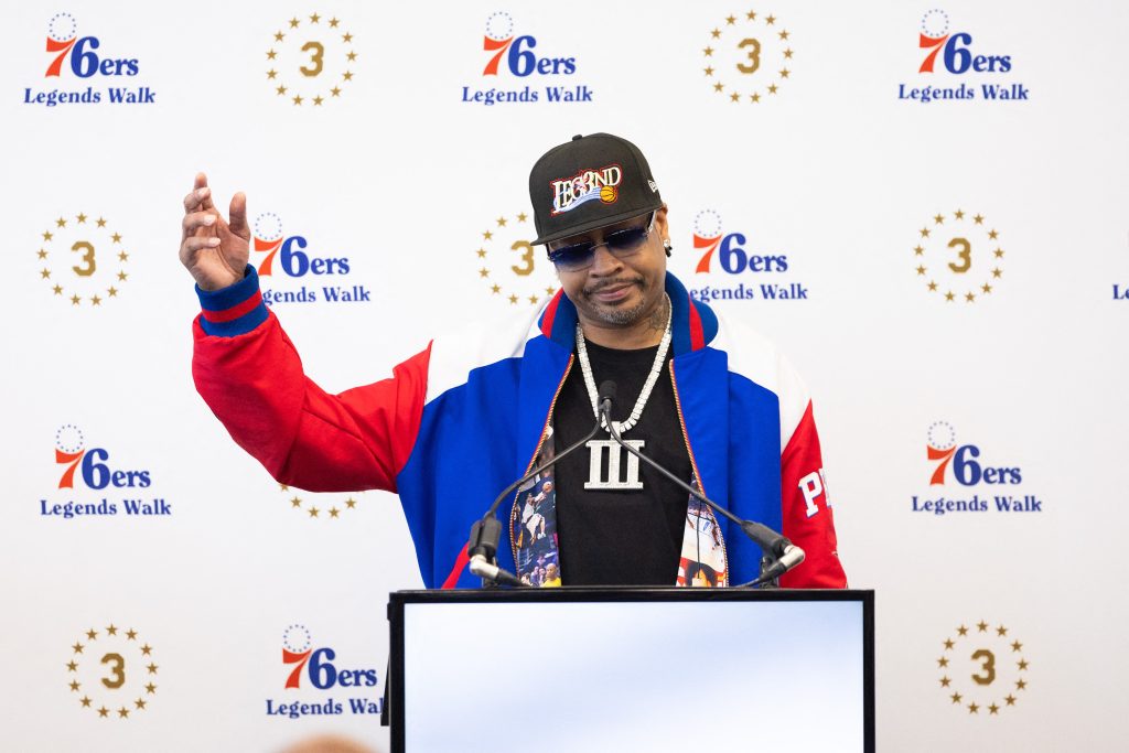 Apr 12, 2024; Camden, NJ, USA; Philadelphia 76ers great Allen Iverson speaks at the podium during the unveiling of a statue honoring him in a ceremony at Penn Medicine Philadelphia 76ers Training Complex.