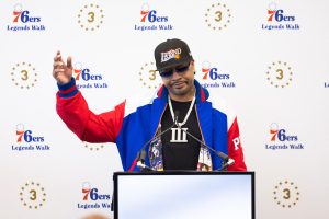 Apr 12, 2024; Camden, NJ, USA; Philadelphia 76ers great Allen Iverson speaks at the podium during the unveiling of a statue honoring him in a ceremony at Penn Medicine Philadelphia 76ers Training Complex.