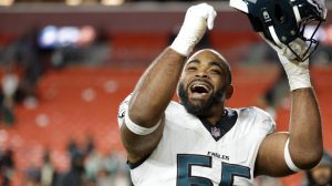 Dec 20, 2025; Landover, Maryland, USA; Philadelphia Eagles defensive end Brandon Graham (55) celebrates after defeating the Washington Commanders at Northwest Stadium.