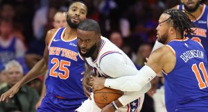 Oct 5, 2026; Philadelphia, Pennsylvania, USA; Philadelphia 76ers guard Jaylen Brown (7) controls the ball against New York Knicks guard Jalen Brunson (11) during the second quarter at Xfinity Mobile Arena.