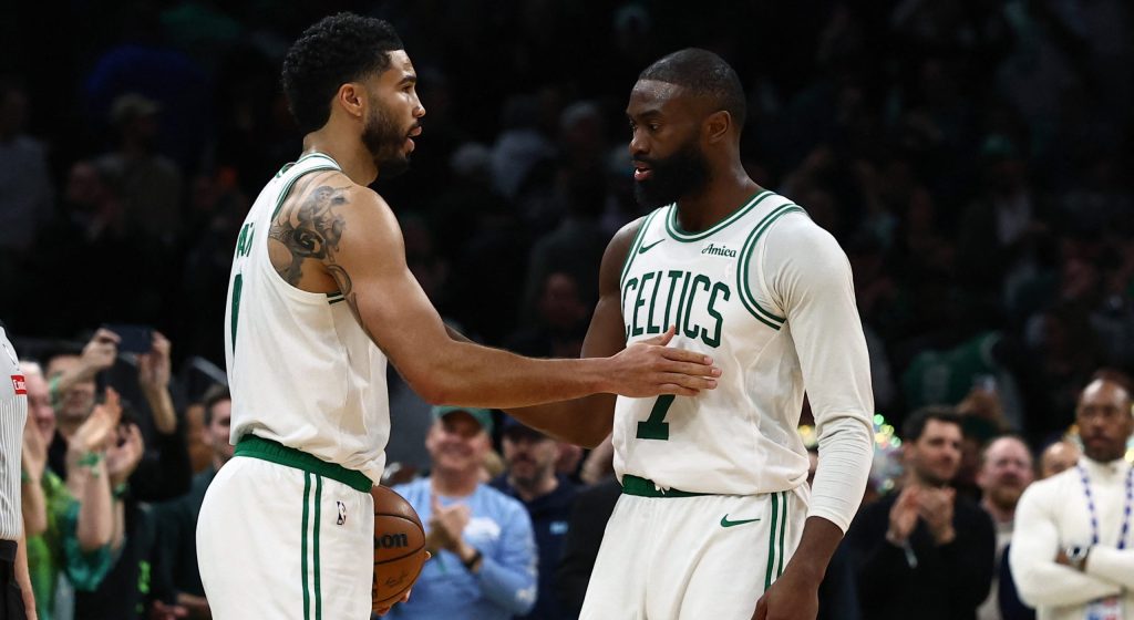Mar 25, 2026; Boston, Massachusetts, USA; Boston Celtics guard Jaylen Brown (7) and forward Jayson Tatum (0) congratulate each other in the final seconds of the fourth quarter of their win over the Oklahoma City Thunder at TD Garden.