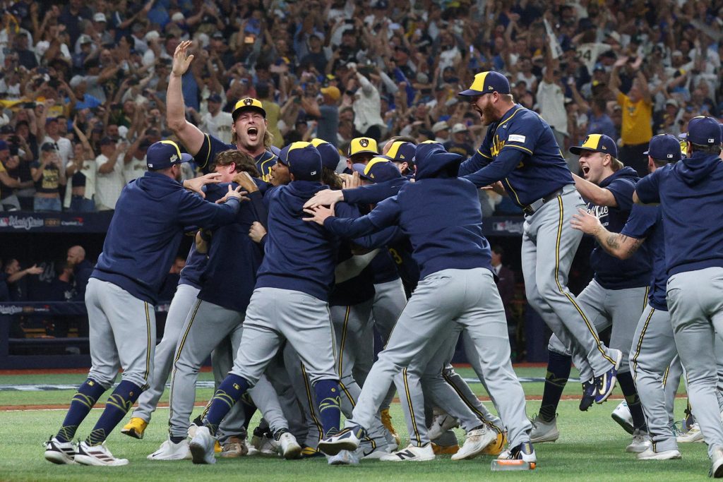 Oct 28, 2026; St. Petersburg, Florida, USA; The Milwaukee Brewers celebrate after defeating the Tampa Bay Rays in game five of the 2026 World Series at Tropicana Field.
