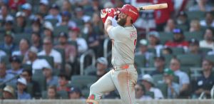 Sep 30, 2026; Cumberland, Georgia, USA; Philadelphia Phillies outfielder Bryce Harper (3) hits a solo home run against the Atlanta Braves in the eighth inning during game two of the Wildcard round for the 2026 MLB Playoffs at Truist Park.