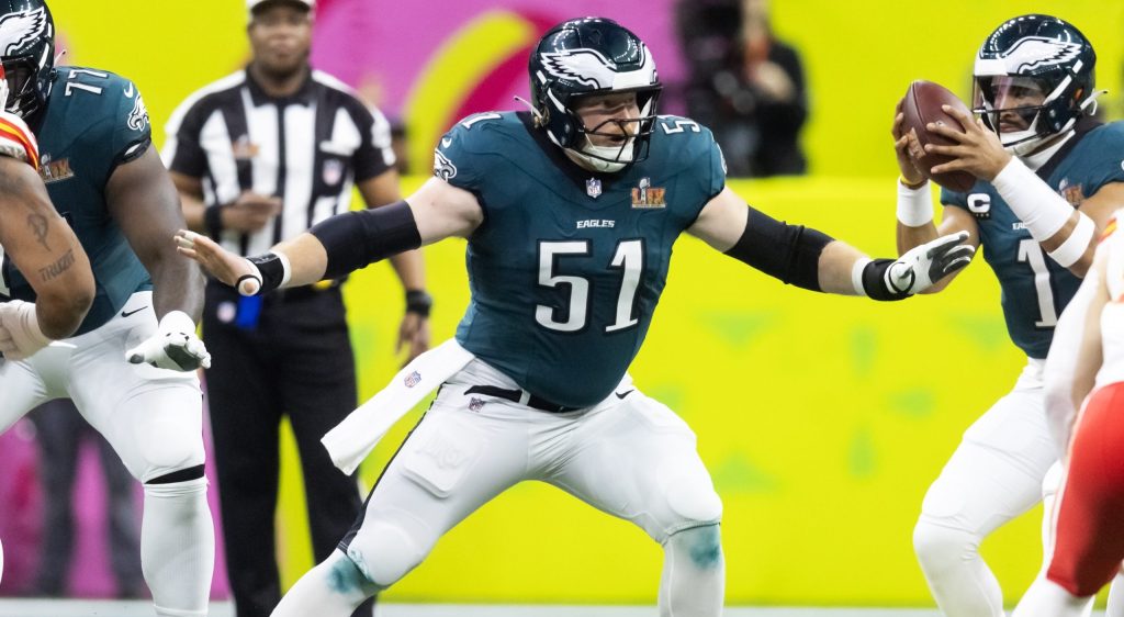 Feb 9, 2025; New Orleans, LA, USA; Philadelphia Eagles center Cam Jurgens (51) against the Kansas City Chiefs during Super Bowl LIX at Ceasars Superdome.