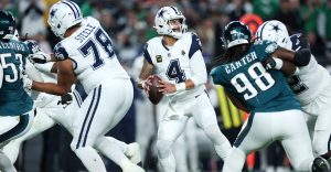 Oct 26, 2026; Philadelphia, Pennsylvania, USA; Dallas Cowboys quarterback Dak Prescott (4) looks to pass during the first quarter against the Philadelphia Eagles at Lincoln Financial Field.