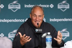 Jul 30, 2026; Philadelphia, PA, USA; Philadelphia Eagles defensive coordinator Vic Fangio speaks with the media during training camp at Jefferson Health Training Complex.