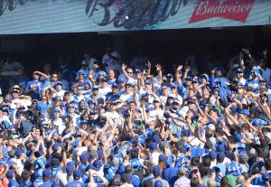 Oct 11, 2016; Los Angeles, CA, USA; Fans go after a foul ball in the game between the Los Angeles Dodgers and the Washington Nationals during game four of the 2016 NLDS playoff baseball series at Dodger Stadium.