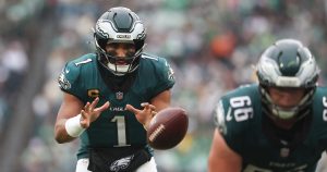 Oct 4, 2026; Philadelphia, Pennsylvania, USA; Philadelphia Eagles quarterback Jalen Hurts (1) plays against the Los Angeles Rams at Lincoln Financial Field.