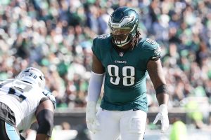 Oct 18, 2026; Philadelphia, Pennsylvania, USA; Philadelphia Eagles defensive tackle Jalen Carter (98) lines up against Carolina Panthers offensive tackle Taylor Moton (72) at Lincoln Financial Field.
