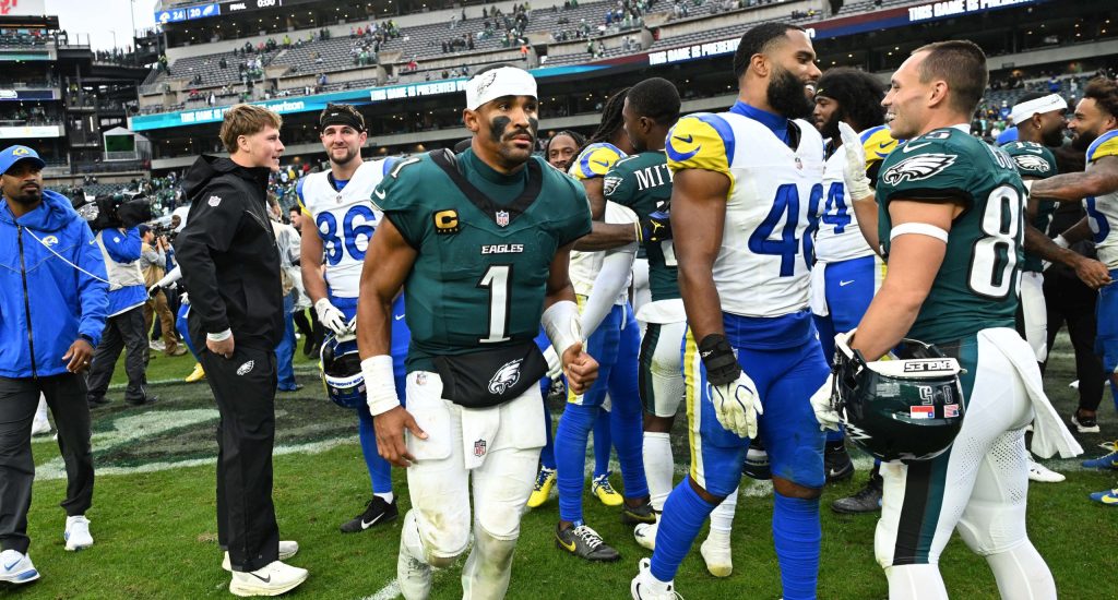 Oct 4, 2026; Philadelphia, Pennsylvania, USA; Philadelphia Eagles quarterback Jalen Hurts (1) runs off the filed after loss tenth Los Angeles Rams at Lincoln Financial Field.