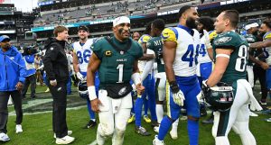 Oct 4, 2026; Philadelphia, Pennsylvania, USA; Philadelphia Eagles quarterback Jalen Hurts (1) runs off the filed after loss tenth Los Angeles Rams at Lincoln Financial Field.