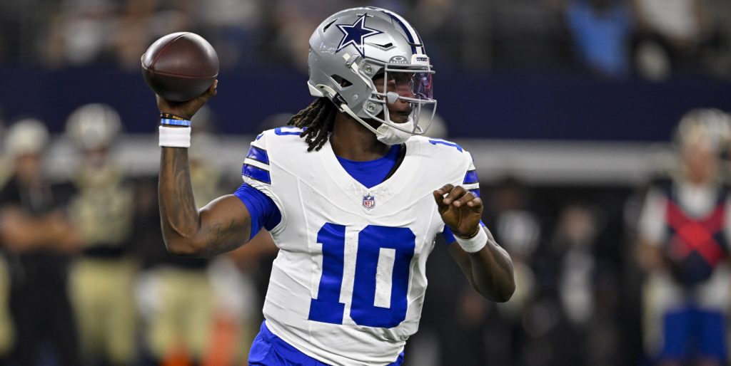 Aug 28, 2026; Arlington, Texas, USA; Dallas Cowboys quarterback Joe Milton III (10) throws the ball during the game between the Cowboys and the Saints at AT&T Stadium.
